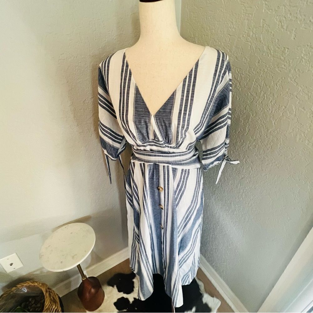 June & Hudson Tie Sleeve Striped Midi Dress, Blue/White, Size XL, NWOT - Picture 2 of 13
